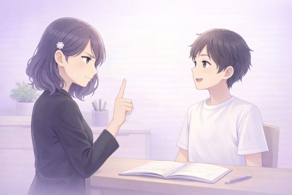 悪もこあい先生が行動を促し健太がやる気に切り替わる学習机シーンの挿絵