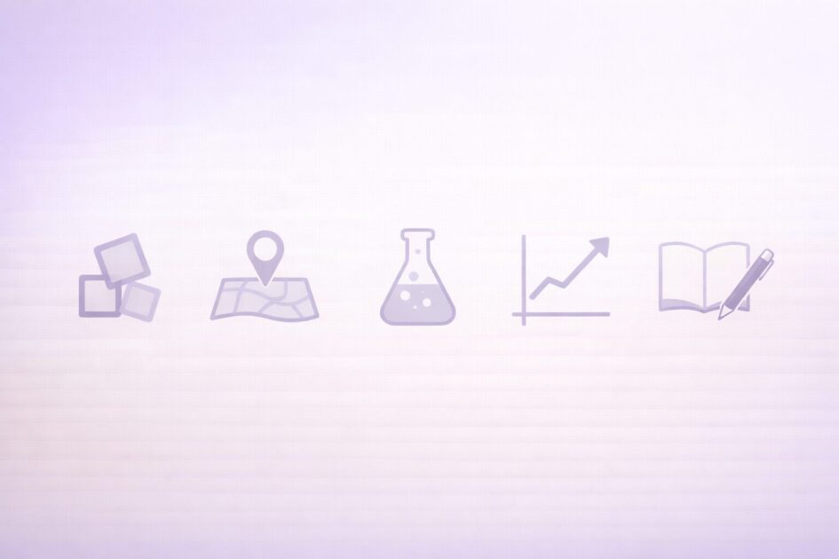 英語社会理科数学国語の科目別に想起練習の出し方が変わることを示すアイコン帯