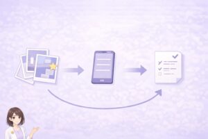 撮影は上限3枚で星印1枚を決め3行メモと翌日1問につなぐ流れを示す図