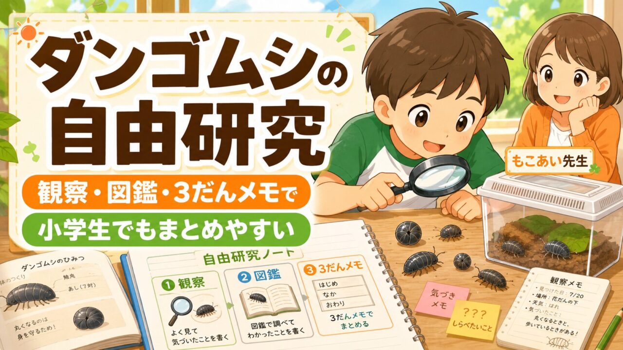 ダンゴムシの自由研究を、観察・図鑑・3だんメモの3ステップで小学生にも分かりやすくまとめるアイキャッチ画像