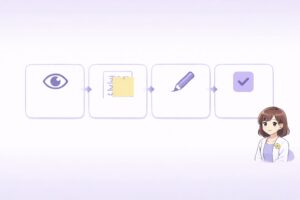 漢字の1分テストを見る・隠す・書く・チェックの順で示した図