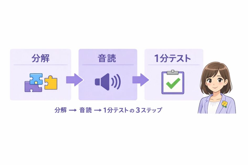 漢字を覚える最小手順として分解・音読・1分テストの流れを示した図