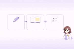 問題集の取り組み方として書く・答えを見る・×だけ残す流れを示した図