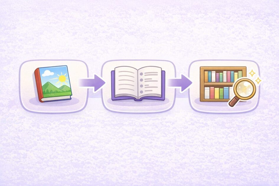 図書館で本を選ぶ3ルート（表紙・目次・棚）をアイコンでまとめた図