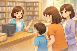 図書館で司書に質問して本の場所を教わる親子の場面