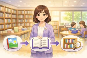 図書館で本を選ぶ3ルート（表紙・目次・棚）を示すもこあい先生のアイキャッチ