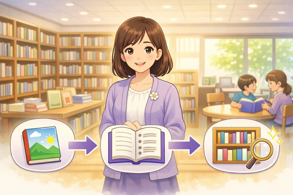 図書館で本を選ぶ3ルート（表紙・目次・棚）を示すもこあい先生のアイキャッチ