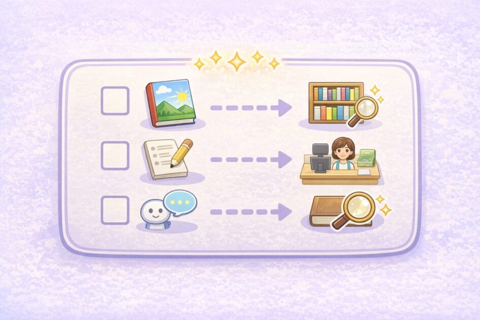 図書館ミッションカード（本1冊・言葉1つ・司書・AI1回・本で確認）を示すチェック図