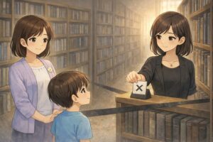 難しい本棚をひみつゾーンとして示し未来の楽しみにする場面