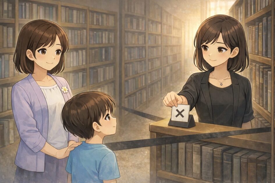 難しい本棚をひみつゾーンとして示し未来の楽しみにする場面