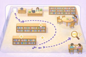 図書館で最初の5分にする行動（歩く・気になる3つ）を示す案内図