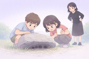 石の下をのぞいて観察を始める健太と恵子と悪もこあい先生の場面