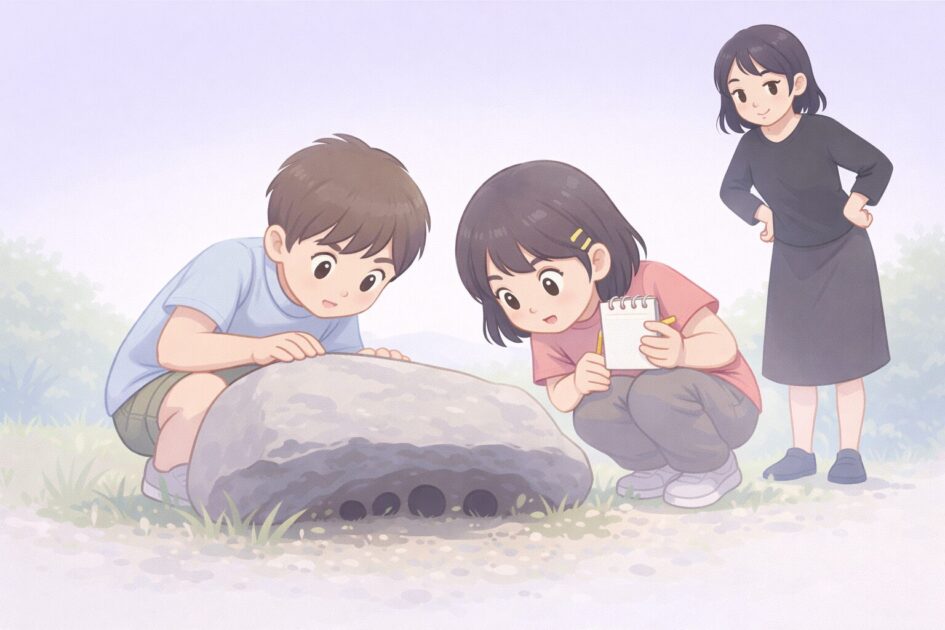 石の下をのぞいて観察を始める健太と恵子と悪もこあい先生の場面