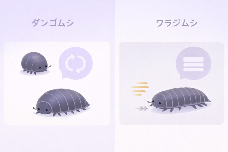ダンゴムシとワラジムシの違いを丸まりやすさ中心に示した比較図
