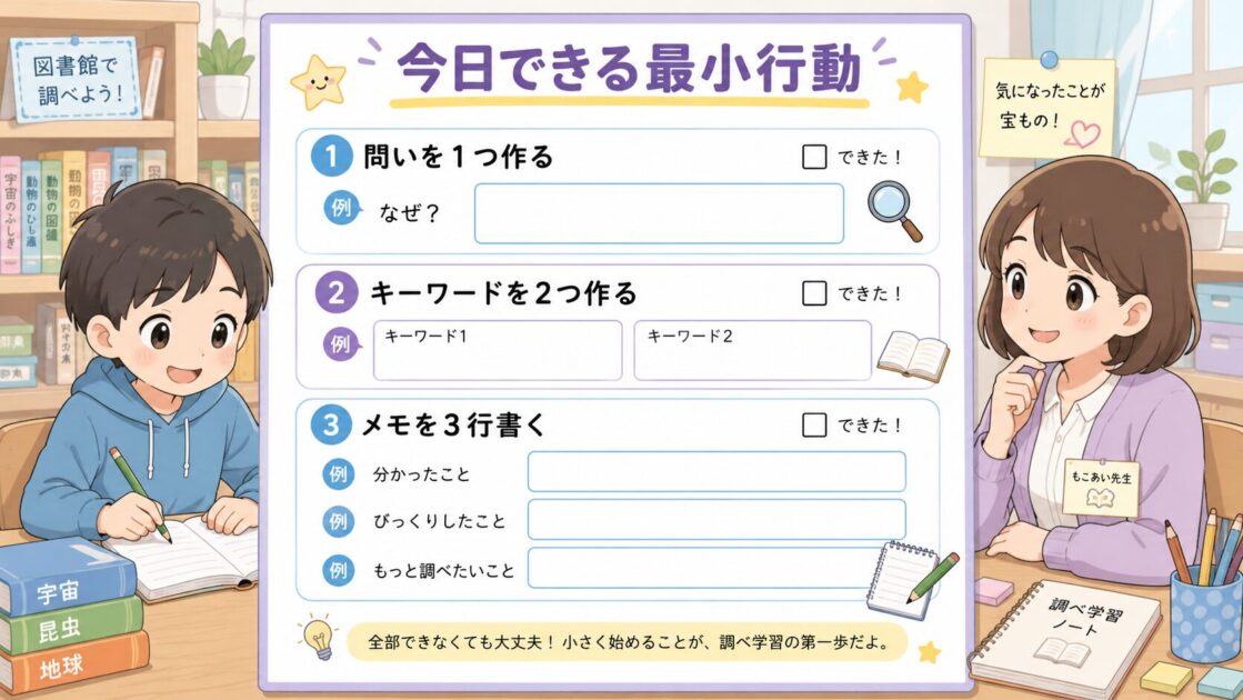 小学生の調べ学習で問いを1つキーワードを2つメモを3行作る最小行動シート