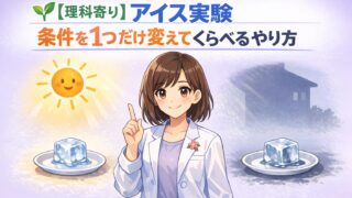 アイス実験で条件を1つだけ変えてくらべる方法を示すアイキャッチ