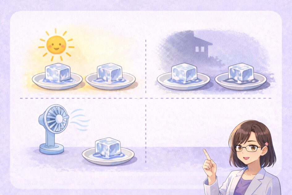 日なた対日かげと風あり対風なしの2つの比較実験を示す図