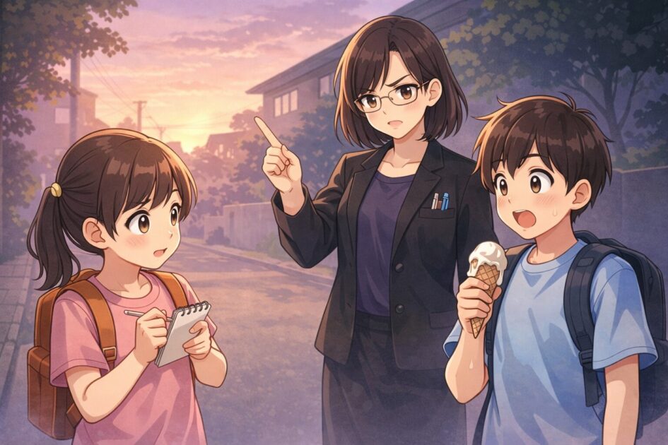 溶けたアイスを見て原因をくらべて確かめようとする導入シーン