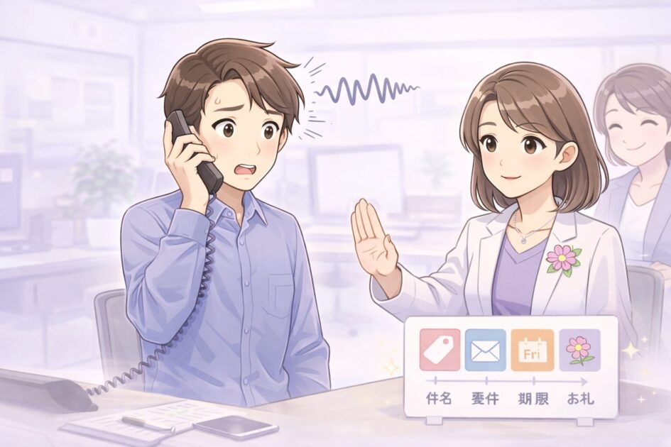 é»è©±ã§èãåããæãç¶æ³ã§ãã£ãã話ããŠãšæ¢ããäžèšã«åãæ¿ããå Žé¢ãç€ºãæ¿çµµ