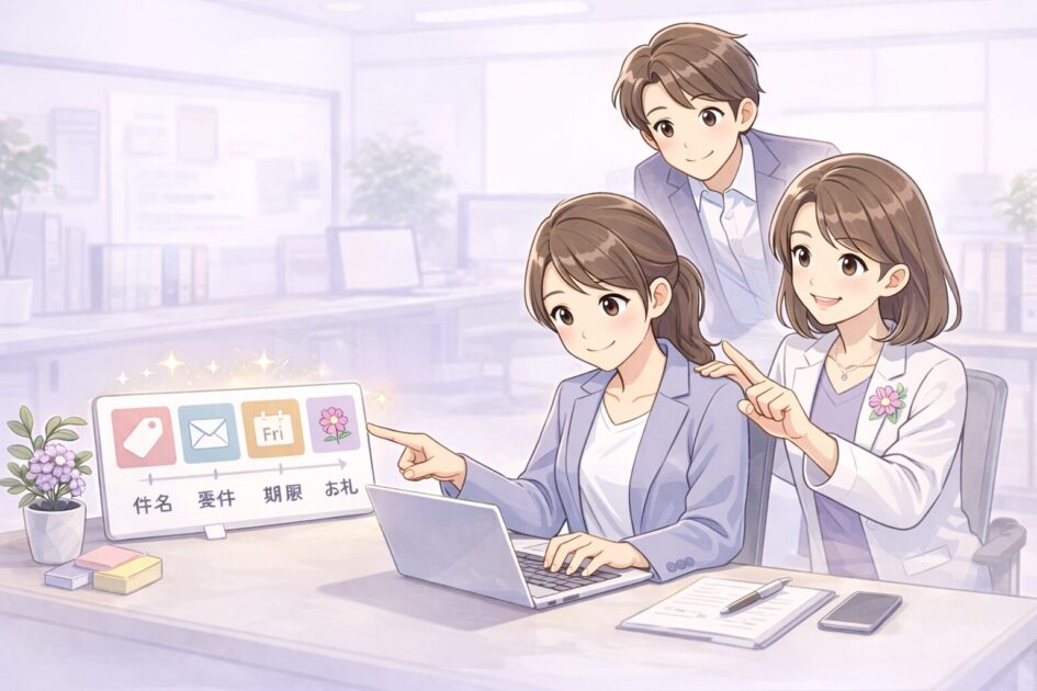 è±èªã¡ãŒã«ãçãæžãããã«ä»¶åèŠä»¶æéã瀌ã®åã䜿ãå Žé¢ãç€ºãæ¿çµµ