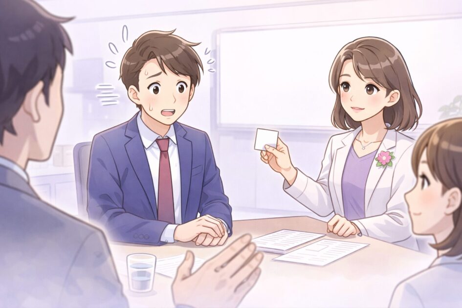 äŒè°ã§èãåããåºãŸãç¶æ³ã§ç¢ºèªã®äžèšã«åãæ¿ããå Žé¢ãç€ºãæ¿çµµ