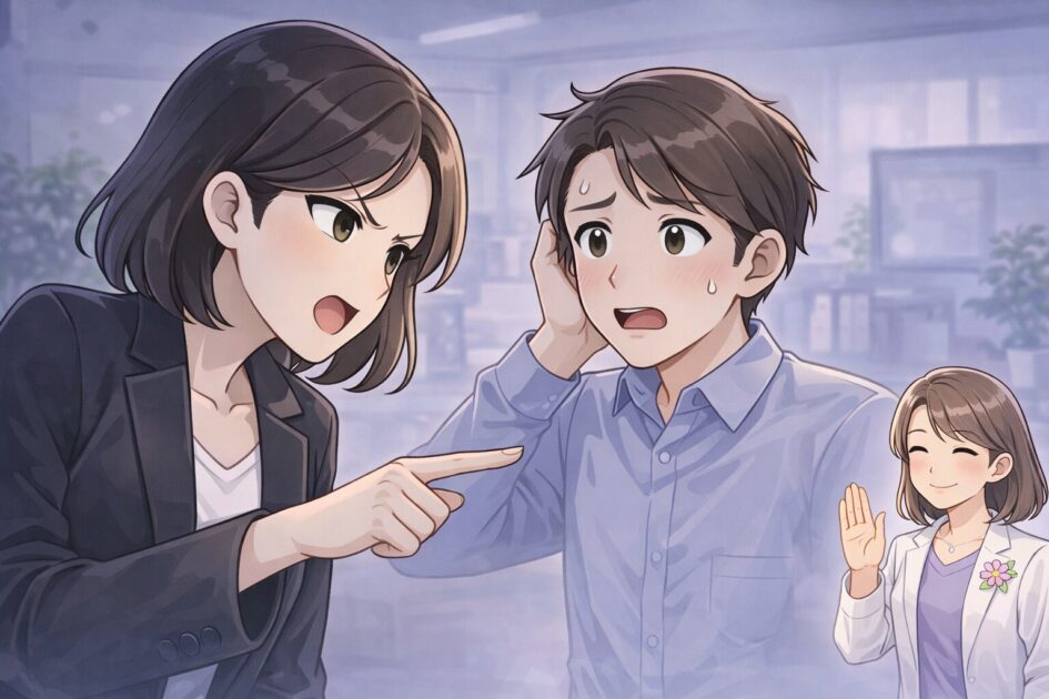 現場で黙ってしまう社会人に厳しめの一言で気づきを与える悪もこあい先生のカット