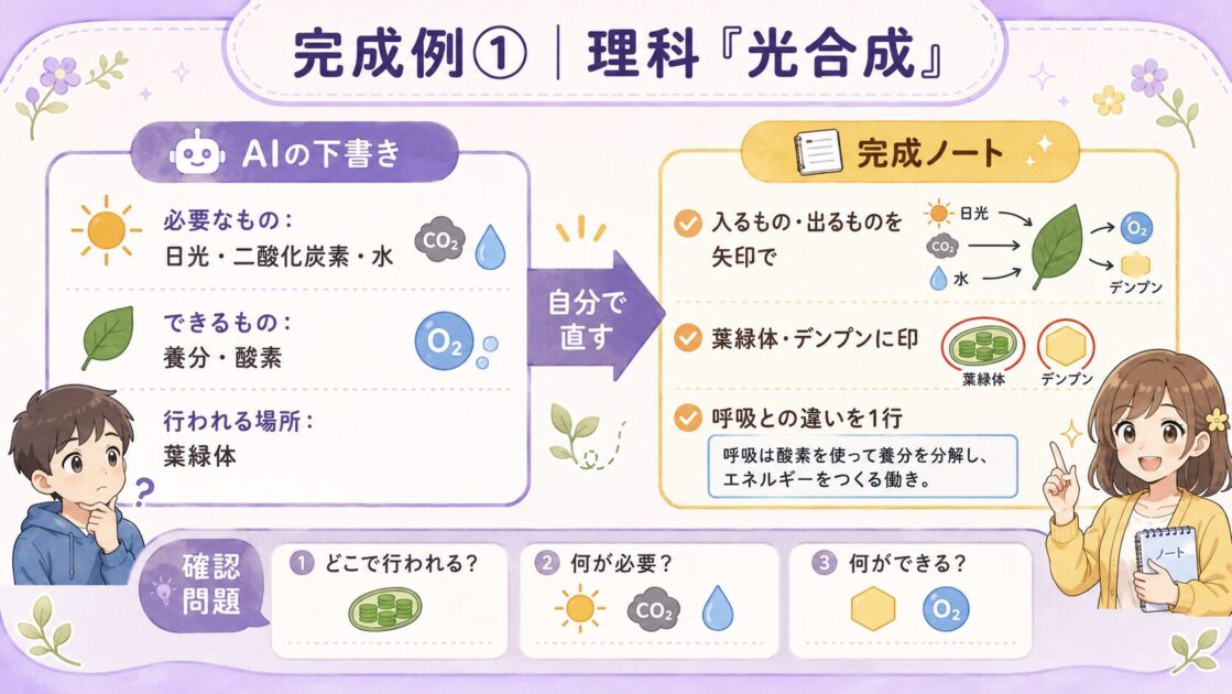 AIの下書きから光合成の完成ノートへ直す手順と確認問題を示した図