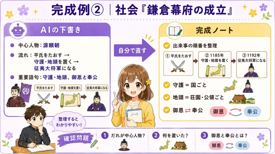 AIの下書きから鎌倉幕府成立の流れと御恩・奉公を整理する完成ノートの図