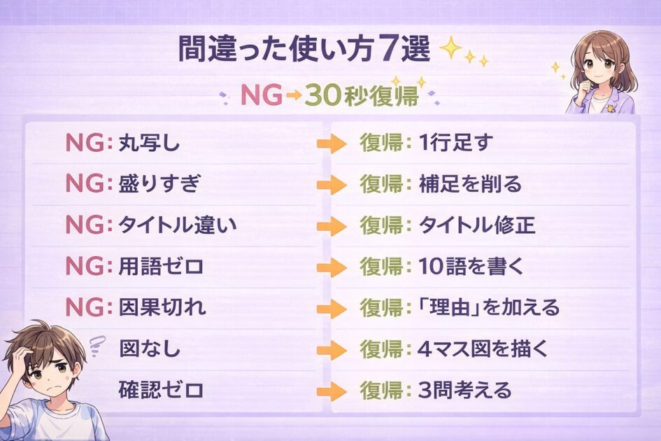 AIまとめノートでよくある失敗と30秒の直し方を7項目で整理した図