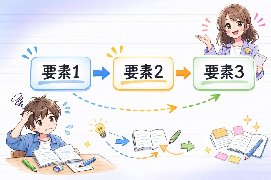 理科の図が苦手でも箱と矢印3本で関係を表せることを示す図