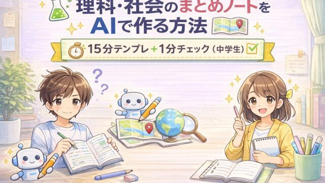 中学生向けに理科と社会のまとめノートをAIで作る手順を示すアイキャッチ