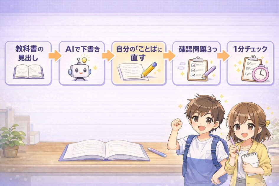 AIでまとめノートを作る手順を15分テンプレと1分チェックで示した流れ図 figcaption：教科書→AI下書き→自分で直す→確認問題→1分チェック