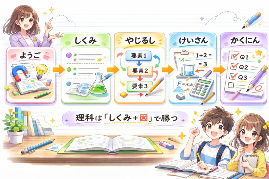 理科のまとめノートを用語・しくみ・図・計算・確認問題の順で整理するテンプレ図