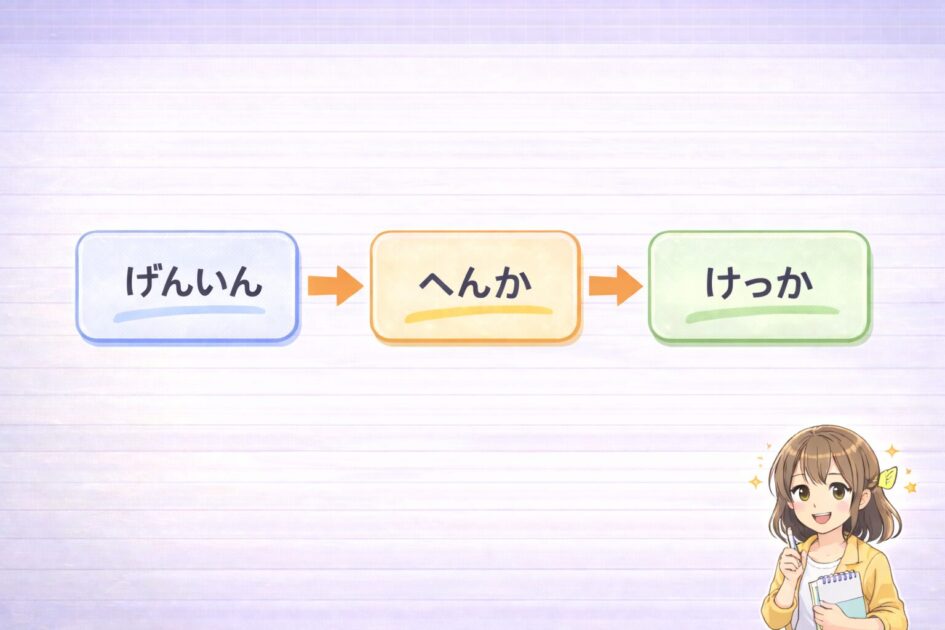 社会の出来事を原因Aから結果Cまで矢印でつなぐ因果テンプレ図