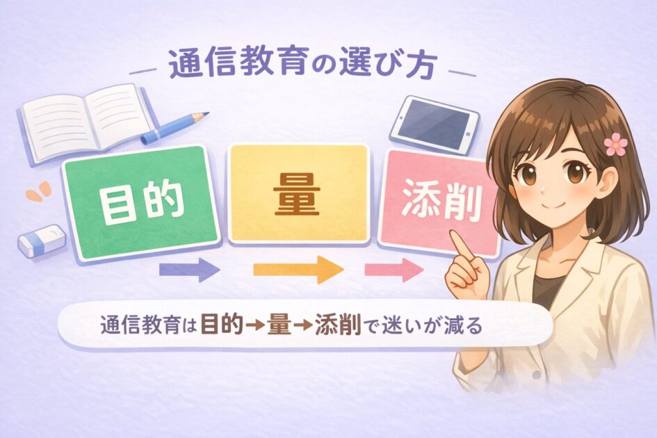 通信教育の選び方を目的量添削の3つで整理する中学生向けアイキャッチ
