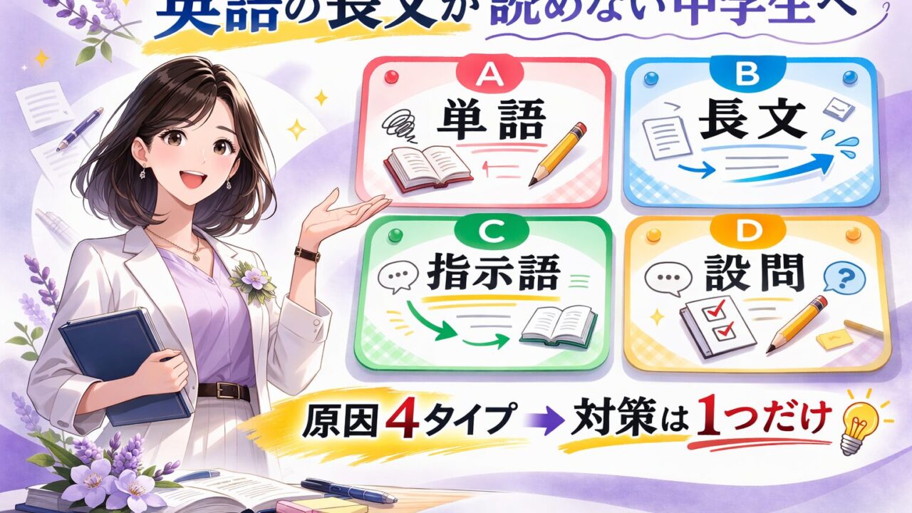 英語長文が読めない原因を4タイプで整理し対策は1つだけと伝えるアイキャッチ