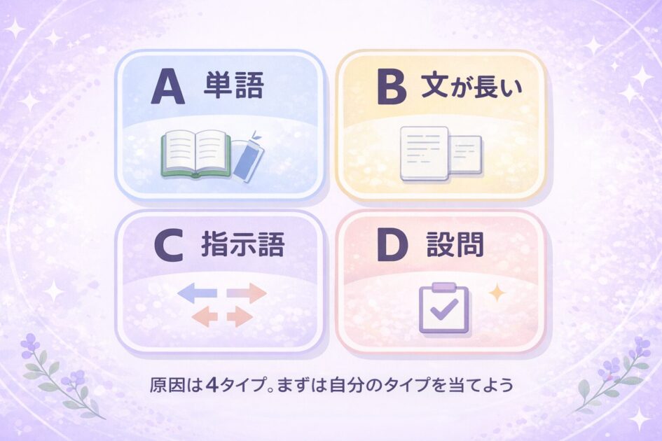 è±èªé·æãèªããªãåå ãAåèªBé·æCæç€ºèªDèšåã®4ã¿ã€ãã§æŽçããæ©èŠè¡š