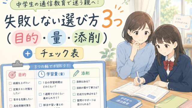 中学生の通信教育を目的・学習量・添削の3つの軸で確認するチェック表