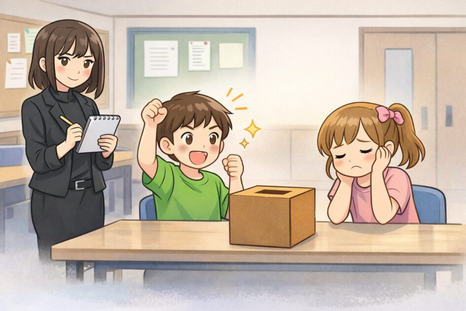 町内会の抽選会で健太と恵子が結果に一喜一憂し悪もこあい先生が登場する場面