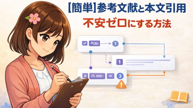 参考文献と本文引用の対応やチェック手順を図解した大学レポート向けアイキャッチ