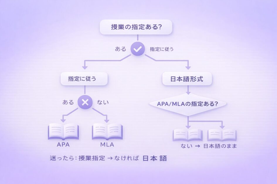 授業指定の有無から日本語形式やAPAやMLAを選ぶフローチャート