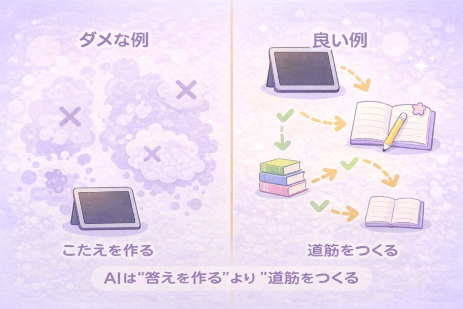 AIの使い方のダメ例と良い例を対比して示す挿絵