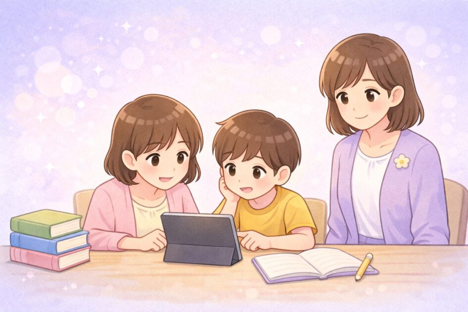 親子がAIに質問を考え先生が見守る安全な利用の挿絵