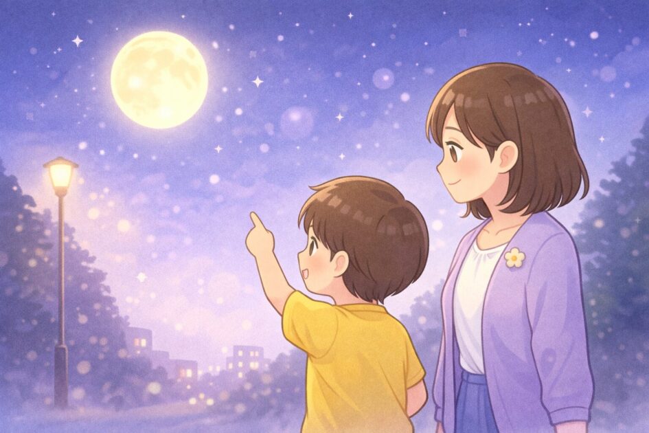 夜道で月を見上げて疑問を話す親子と見守るもこあい先生