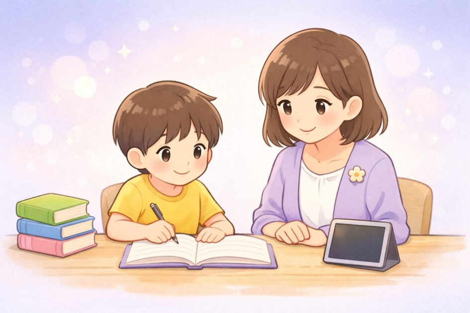 親子で調べ学習を始めるもこあい先生とAIとノートのアイキャッチ