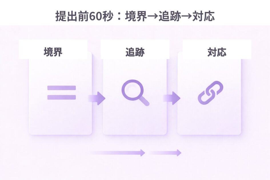 提出前60秒チェックを境界と追跡と対応の3つで示した図