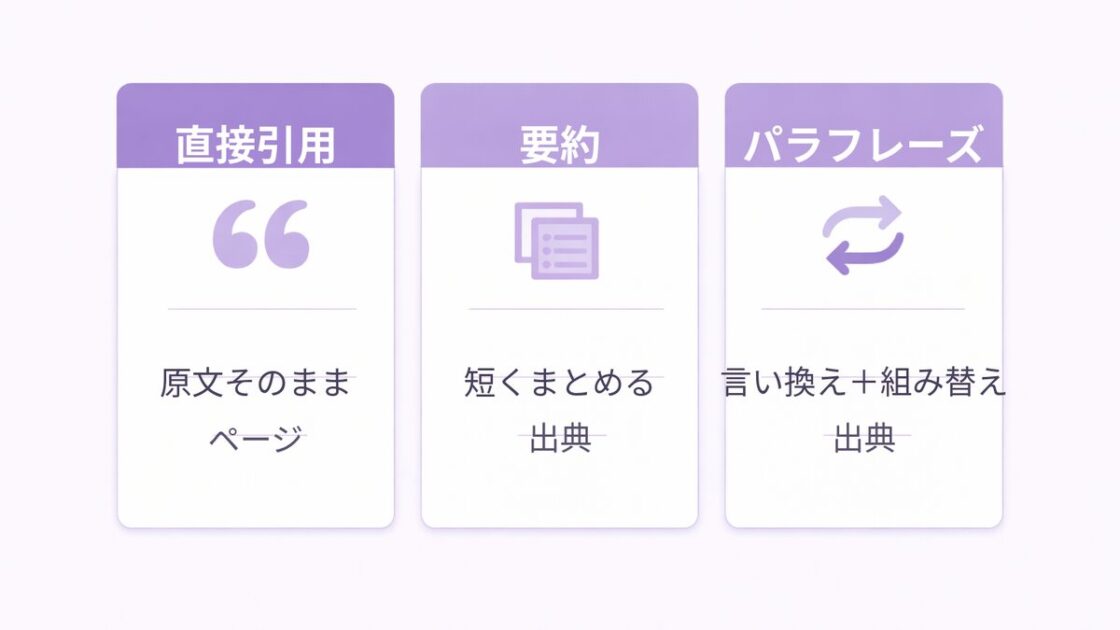 直接引用と要約とパラフレーズの違いを3列で比較した図