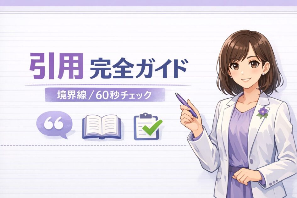 大学レポートの引用ルールを境界線とチェックで示すアイキャッチ