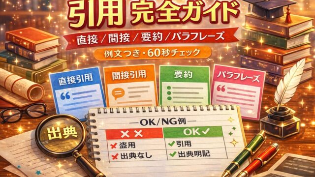 大学レポートの引用の使い分け（直接引用・間接引用・要約・パラフレーズ）と60秒チェックを示すアイキャッチ