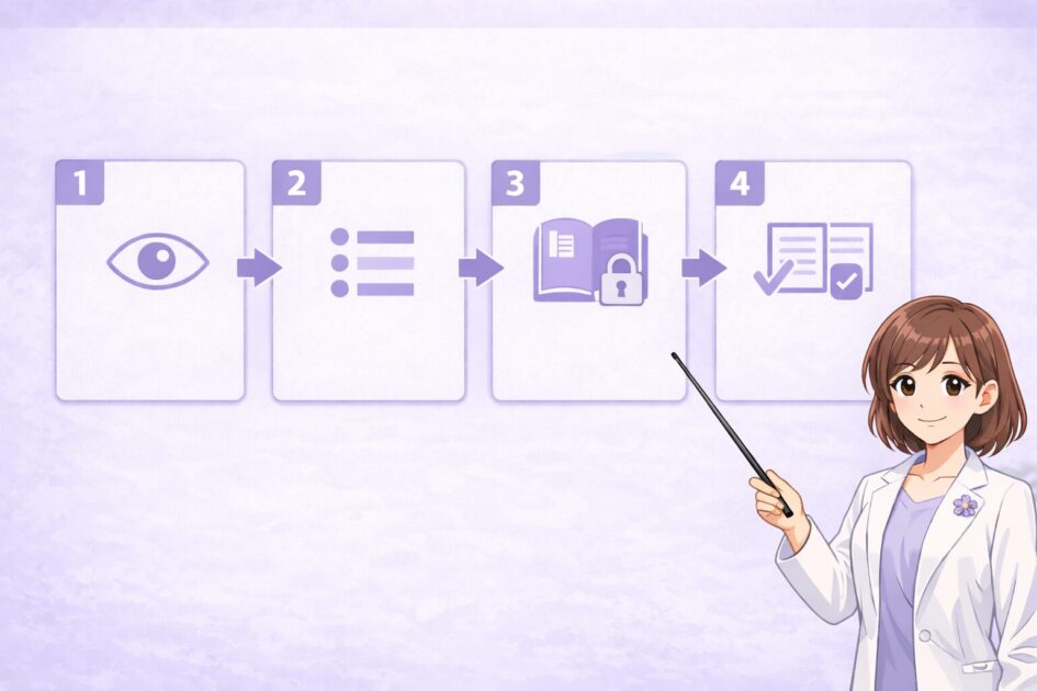言い換えの5ステップ手順をもこあい先生が矢印図で示す挿絵